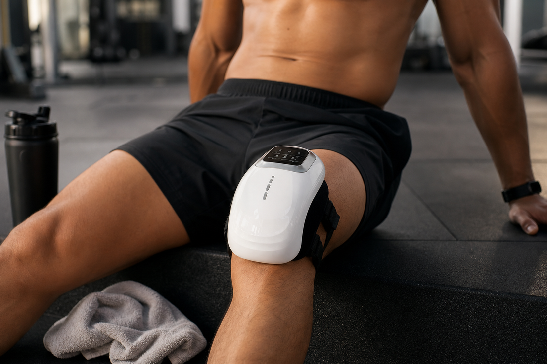 Athlete recovering with the Soovana knee massager