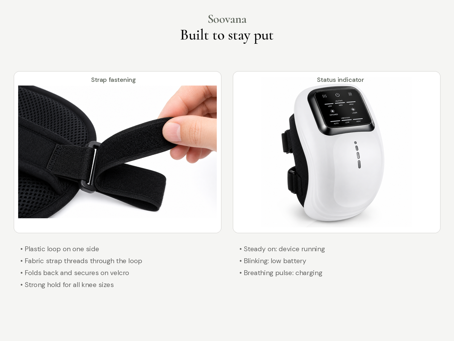 Soovana strap fastening and status indicator