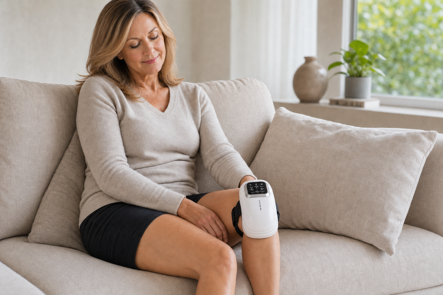 Woman relaxing at home wearing the Soovana knee massager