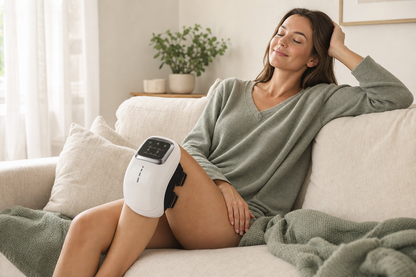 Soovana Wireless Knee Massager in use while relaxing