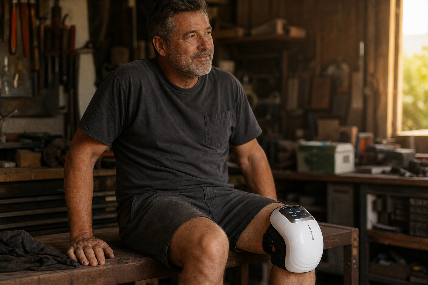 Worker resting with the Soovana knee massager